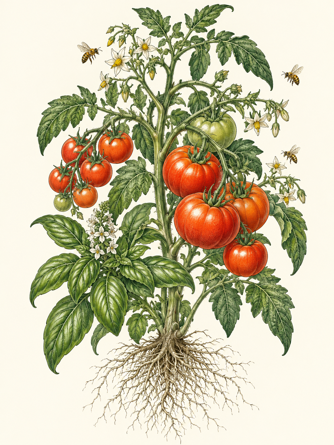 Vintage botanical illustration of a flourishing tomato plant with ripe fruit, basil, blossoms and roots